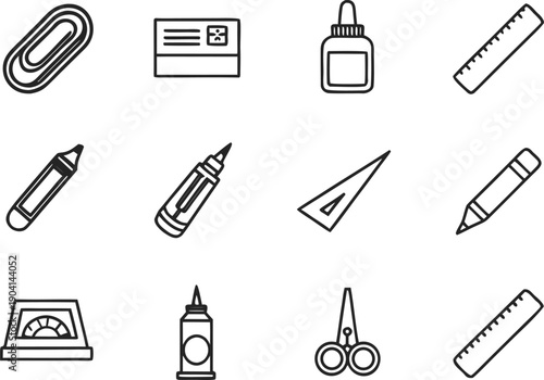 Office Stationery Outline Set. Office Supplies Outline Set. Business Stationery Outline Set. Corporate Stationery Outline Set. Office Equipment Outline Set. Minimal Office Stationery Outline
