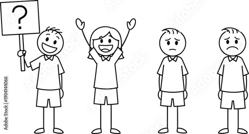 Stick figure children showing different emotions and reactions, happy confused and sad cartoon characters, simple line art illustration for education