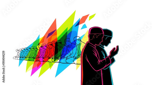 High-quality black outline colorful art of abstract group prayer formation for Eid congregation, on white background
