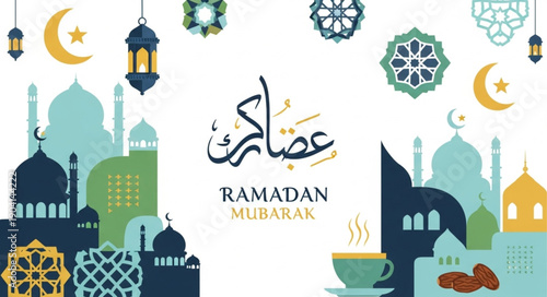 Ramadan Mubarak greeting with Islamic calligraphy and mosque silhouettes.