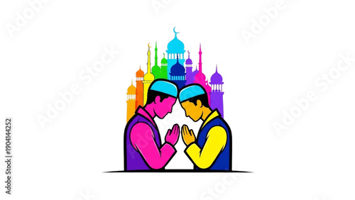 High-quality black outline colorful art of two people praying side by side, inclusive silhouette, minimal style