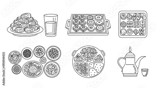 Black line icon set of traditional Ramadan food and drinks including dates, water, sweets, communal meal, and teapot