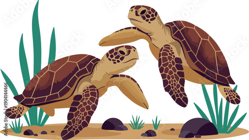 Pixel Art Sea Turtles Swimming Ocean Floor Flora Rocks Isolated Vector