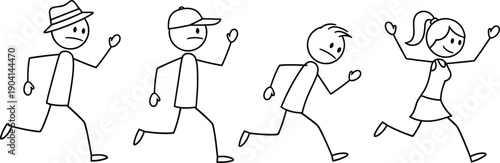 Stick figure people running in different poses, simple cartoon characters showing movement and emotions, hand drawn line art illustration for education and storytelling isolated on white background