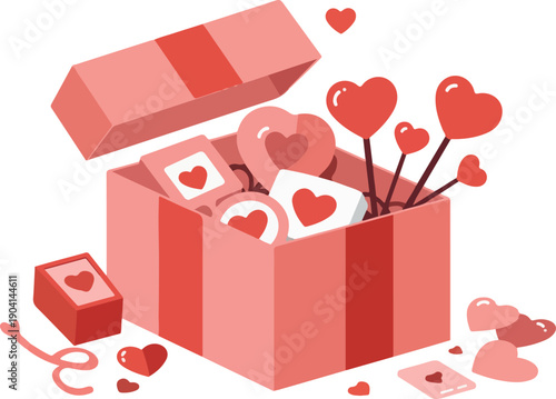 Pink Heart Gift Box With Love Candies And Cards Vector Art