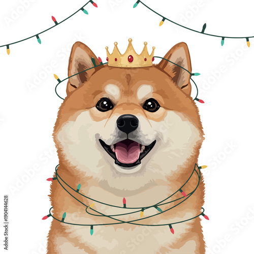 Pixel Art Shiba Inu Dog Wearing Crown And Christmas Lights