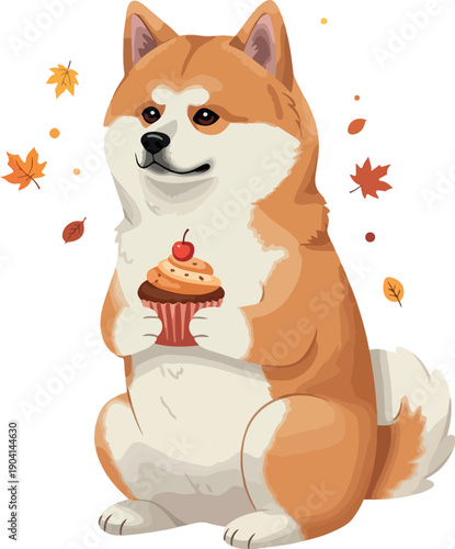 Pixel Art Shiba Inu Dog Holding Cupcake Autumn Leaves