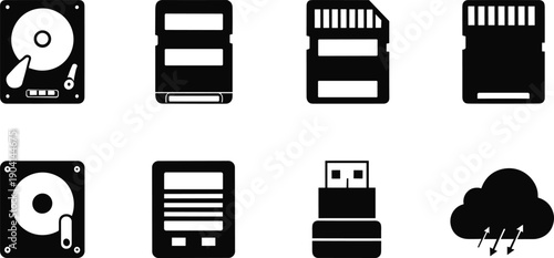 Storage device vector icons, hard drive, memory card, USB flash, cloud storage, data backup, digital technology, electronic device illustration, computing symbol
