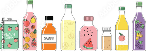 Set of colorful minimalist beverage bottles and cans featuring peach drink orange juice watermelon and grape juice isolated on grey background