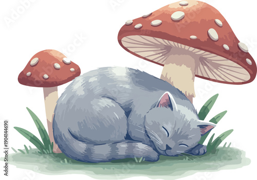 Pixel Art Sleeping Gray Cat Mushroom Forest Grass Isolated Object