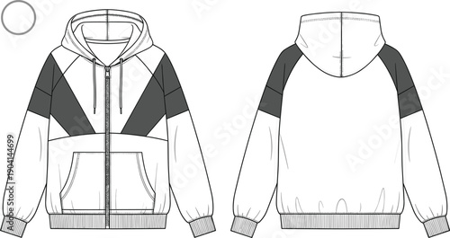 Men’s fashion technical vector illustration of hooded zip-up jacket front and back view, drawstring hood, full zipper closure, kangaroo pocket, color block design, ribbed cuffs, ribbed hem