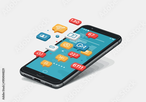 Pixel Art Smartphone With Social Media Notifications and Icons On Screen Minimalist Background