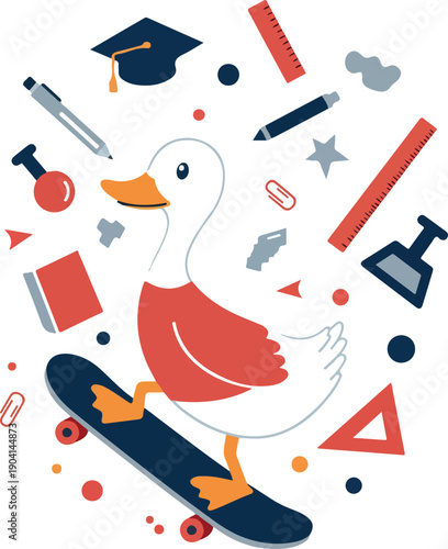 Pixel Art Duck Riding Skateboard With School Supplies Fun Playful