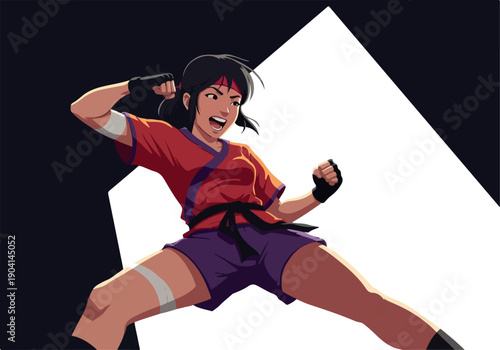 Pixel Art Fighter Ready To Strike With Red Outfit And Purple Shorts