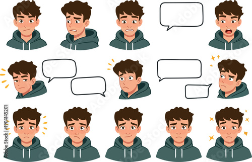 Pixel Art Boy Expressions Set Gray Hoodie Speech Bubbles White Background