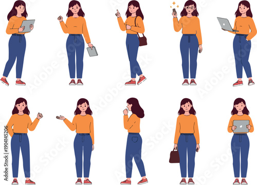 Pixel Art Woman Character Collection Orange Top Blue Pants Holding Devices