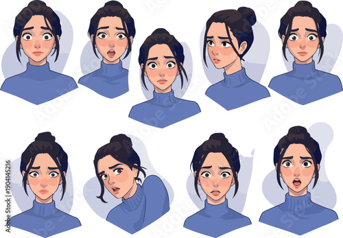 Pixel Art Woman Expressing Various Emotions In Blue Turtleneck