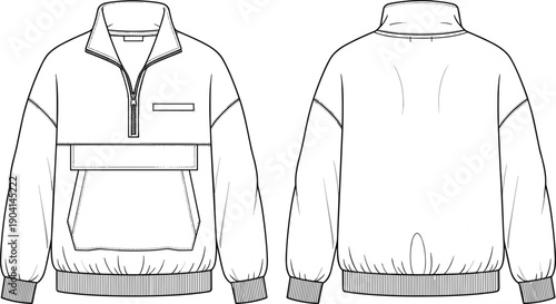 Men’s fashion technical vector illustration of pullover jacket front and back view, half-zip closure, high collar, flap pocket, kangaroo pocket, elastic cuffs, elastic hem