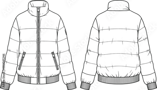 Men’s fashion technical vector illustration of puffer jacket front and back view, high collar, zipper closure, angled zippered pockets, quilted sections, ribbed cuffs, ribbed hem