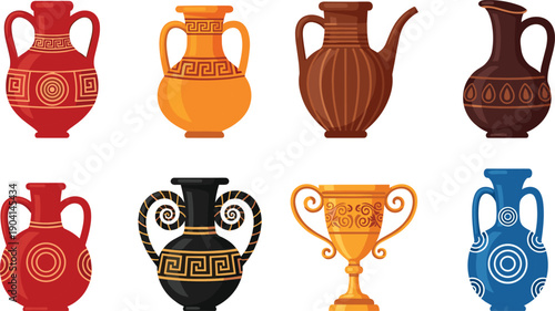 Ancient ceramic pottery vase set with decorative patterns, colorful vintage amphora and jar illustrations isolated on white background