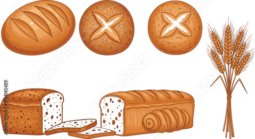 Bakery bread illustration set with loaves, buns, sliced bread and wheat ears, representing fresh baked goods, artisan baking, grain products, and food design concept