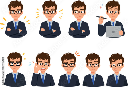 Pixel Art Businessman Expressing Emotions in Blue Suit Isolated on White