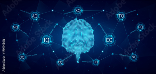 Brain human organ in form style polygon low poly glowing. Emotional intelligence 11Q IQ EQ SQ MQ CQ PQ AQ TQ HQ OQ NQ. Balance quotient of a child. Leadership development growth concept. Vector.