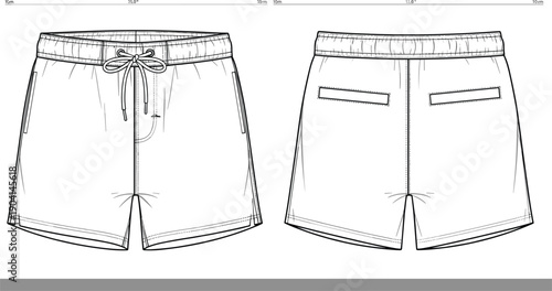 Men’s fashion technical vector illustration of shorts front and back view, elastic waistband, drawstring closure, side pockets, welt back pockets, stitching details