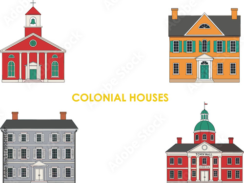 Colonial architecture houses and public buildings illustration set, featuring traditional town hall, church and historic homes, representing classic American colonial style and heritage design