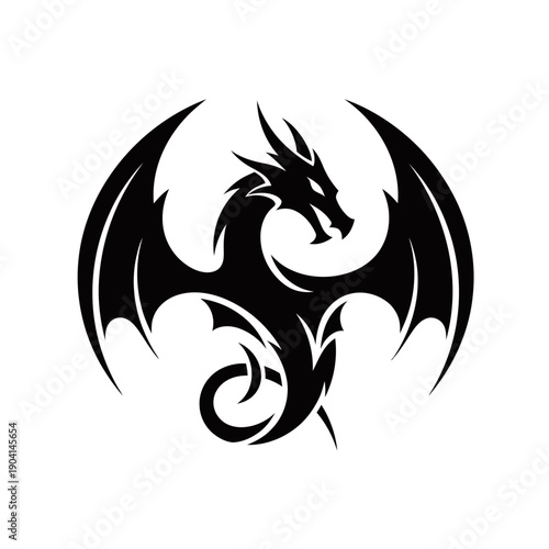 Black silhouette of a majestic dragon with large, spread wings, stylized and powerful.