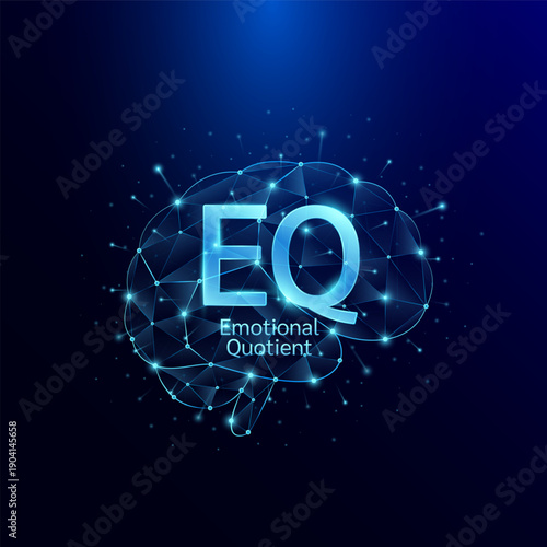 EQ Emotional Quotient symbol in brain human. Style polygon glowing blue on a dark background. Intelligence balance of child. Leadership development growth concept. Vector.