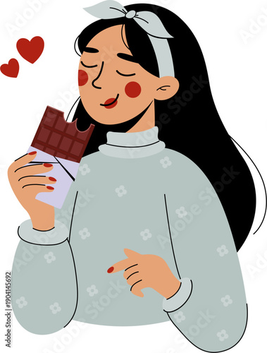 Happy Woman Eating Chocolate Bar – Cute Flat Vector Illustration of Sweet Craving Moment