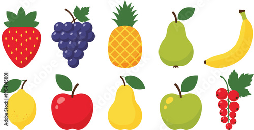 Colorful flat fruit icons set including strawberry, grapes, pineapple, pear, banana, apple, lemon and berries, representing healthy food, nutrition, diet concept