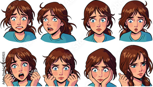 Pixel Art Girl Faces Expressing Surprise Worry Fear Shock Emotions Set