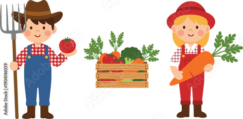 Cute farmer kids illustration holding fresh vegetables with wooden crate, representing organic farming, harvest season, healthy food, agriculture, rural life, and eco friendly lifestyle concept