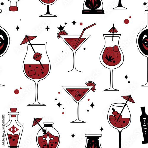 Red Cocktails Drinks Pattern Minimal Flat Design Vector Art