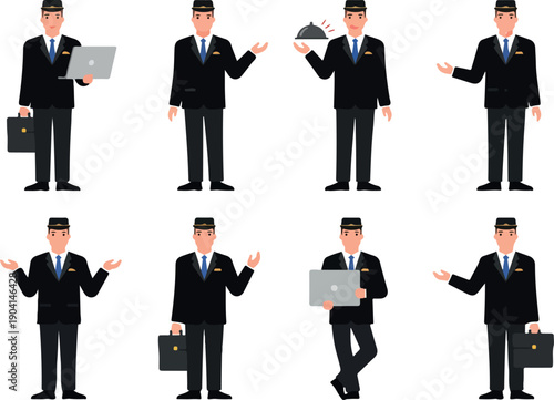 Pixel Art Hotel Bellhop Character Set Black Suit White Shirt Blue Tie Laptop Briefcase Tray