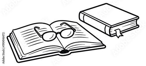 Hand drawn line art reading set featuring an open book with reading glasses and a closed book for education and knowledge