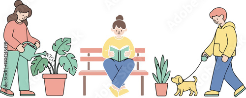People relaxing and interacting with plants in an urban park illustration
