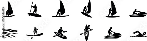 Collection of sailboats and surfers in various poses and styles