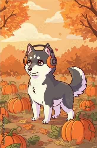 Pixel Art Husky Dog Wearing Headphones in Pumpkin Patch Autumn Season