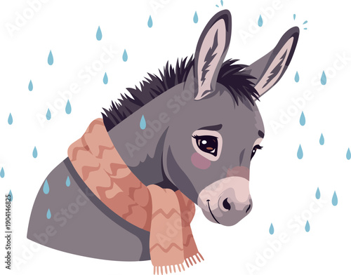 Sad Donkey In Pink Scarf Under Rain Pixel Art Style Isolated On White Background
