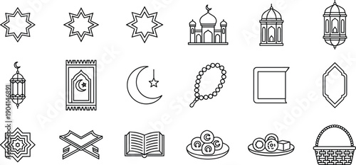 Islamic Ramadan and Eid Line Icons Set Featuring Mosque, Lantern, Crescent Moon, Quran, Prayer Beads, Stars, and Traditional Festive Elements