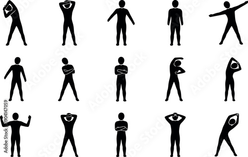 Collection of 12 black silhouette human figures in various poses on white background