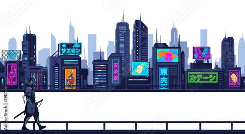 Cyberpunk cityscape with futuristic neon lights and samurai