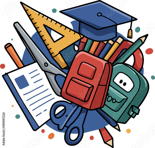 Wallpaper Mural School Supplies Backpacks Scissors Ruler Graduation Cap With Colorful Confetti Torontodigital.ca