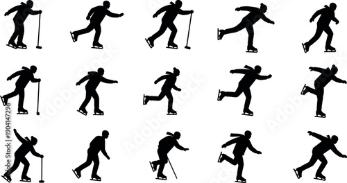 Collection of black silhouette skier poses in various motion