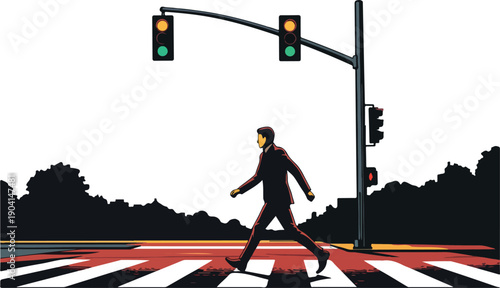 Pixel Art Man Crosswalk Traffic Light Intersection Flat Illustration