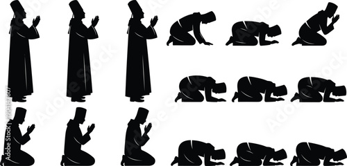 Muslim Prayer Positions Silhouette Set Illustrating Salah Movements Including Standing, Bowing, Kneeling, and Prostration for Islamic Worship and Spiritual Practice