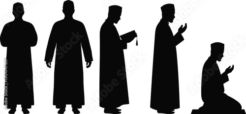 Muslim Man Silhouette Set Showing Standing, Reading Quran, Making Dua, and Kneeling Prayer Positions Representing Islamic Worship, Faith, and Spiritual Devotion
